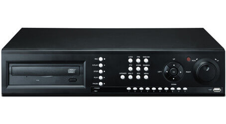 Front image of the UNIMO UDR-708E 8 channel Digital Video Recorder. Black in colour, with silver front raised control buttons, and the word UNIMO top right hand corner, with 2 front USB control ports, bottom right hand corner. There is a front DVD reader and shuttle control knob.