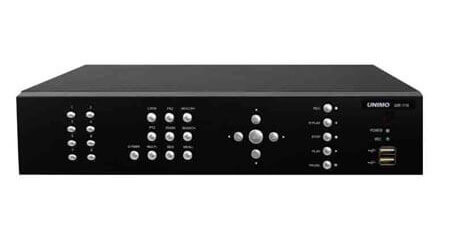Front image of the UNIMO UDR-7104 4 channel Digital Video Recorder. Black in colour, with silver front raised control buttons, and the word UNIMO top right hand corner, with 2 front USB control ports, bottom right hand corner.