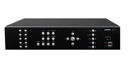 Front image of the UNIMO UDR-7116 16 channel Digital Video Recorder. Black in colour, with silver front raised control buttons, and the word UNIMO top right hand corner, with 2 front USB control ports, bottom right hand corner.