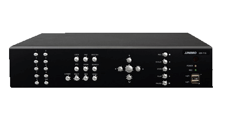Front image of the UNIMO UDR-7116 16 channel Digital Video Recorder. Black in colour, with silver front raised control buttons, and the word UNIMO top right hand corner, with 2 front USB control ports, bottom right hand corner.