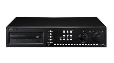 Front image of the UNIMO UDR-716E 16 channel Digital Video Recorder. Black in colour, with silver front raised control buttons, and the word UNIMO top right hand corner, with 2 front USB control ports, bottom right hand corner. There is a front DVD reader and shuttle control knob.