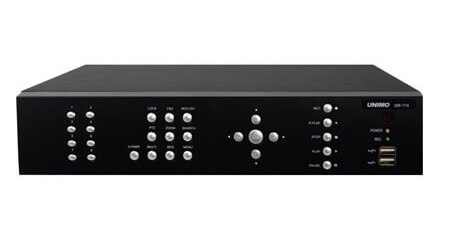 Front image of the UNIMO UDR-7108 8 channel Digital Video Recorder. Black in colour, with silver front raised control buttons, and the word UNIMO top right hand corner, with 2 front USB control ports, bottom right hand corner.