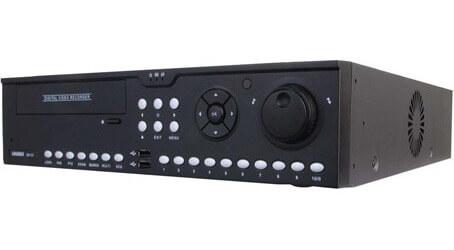Front image of the UNIMO UDR-816 16 channel Digital Video Recorder. Black in colour, with silver front raised control buttons, and the word UNIMO top right hand corner, with 2 front USB control ports, bottom center. There is a front left DVD reader and shuttle control knob.